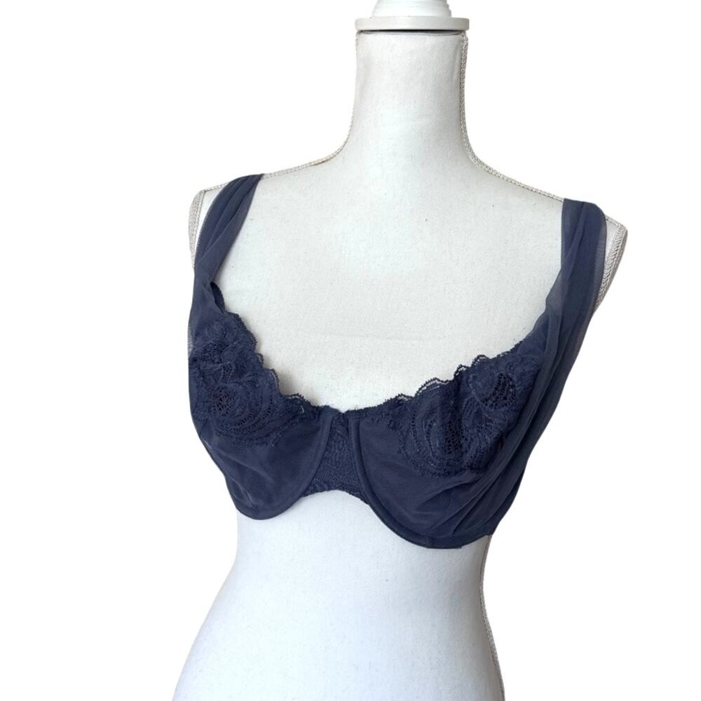 Vintage Lilly of France Lace Mesh Bra Dusty Blue Underwire 38D Coquette